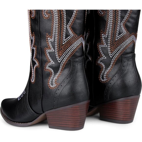 ⚡Women's Black Mid Calf Cowgirl Boots Pointy Toe Boot Embroidered Western - Picture 2 of 7